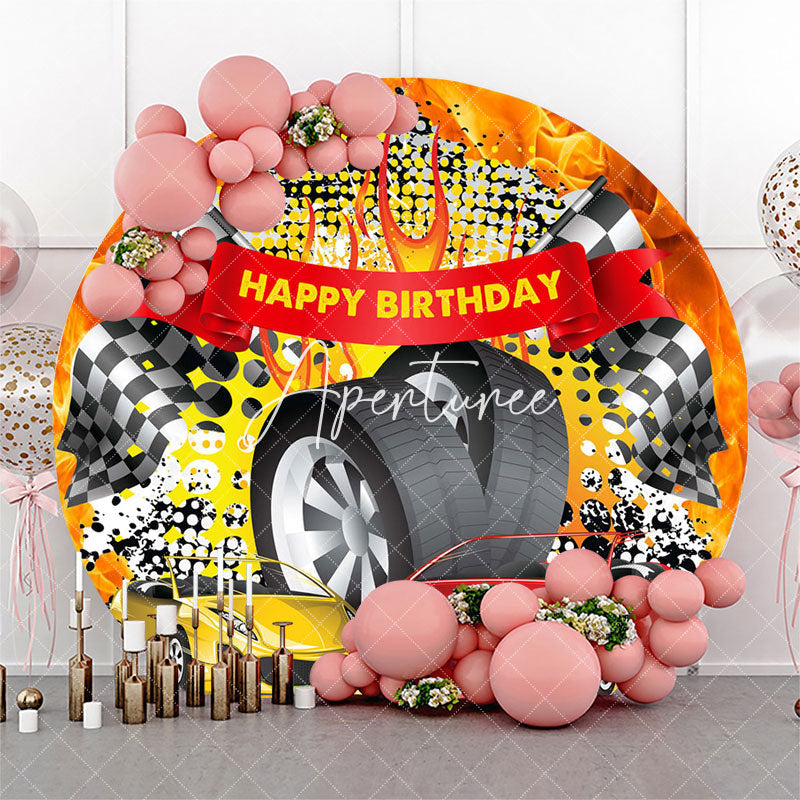 Aperturee - Round Red Yellow Racing Flag Tire Birthday Backdrop