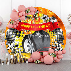 Aperturee - Round Red Yellow Racing Flag Tire Birthday Backdrop