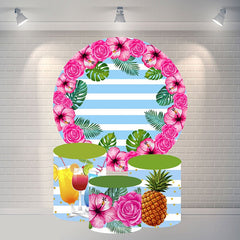 Aperturee Round Rose Blue White Stripes Happy Birthday Backdrop