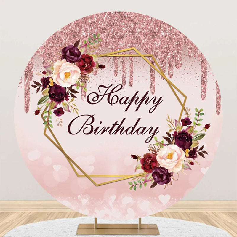 Aperturee - Round Rose Gold Glitter Floral Birthday Backdrop