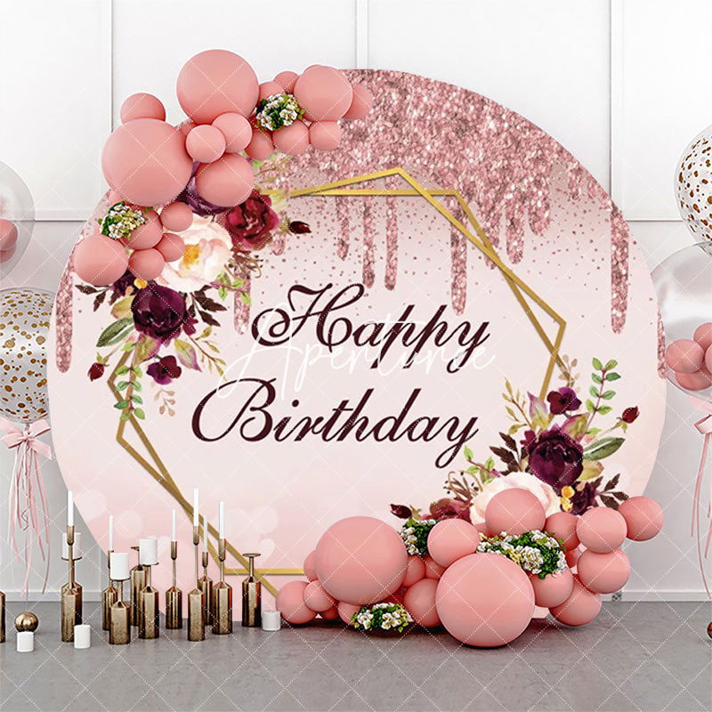 Aperturee - Round Rose Gold Glitter Floral Birthday Backdrop