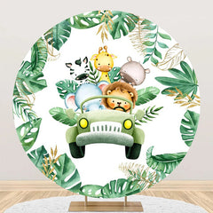 Aperturee - Round Safari Animal Green Truck Birthday Backdrop