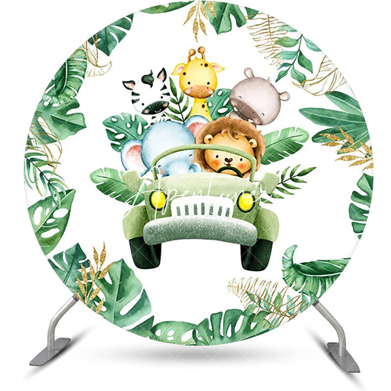 Aperturee - Round Safari Animal Green Truck Birthday Backdrop