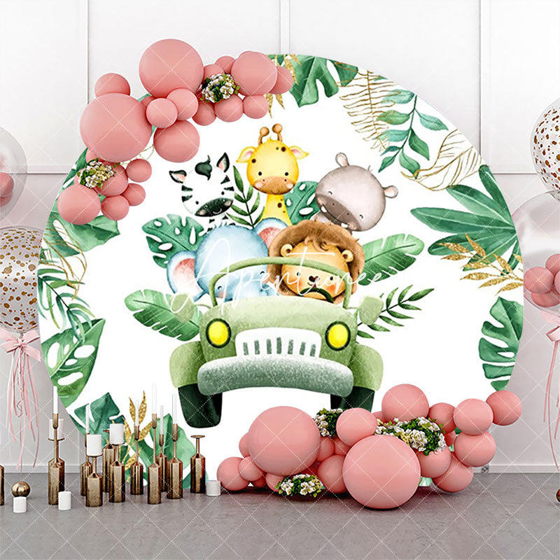 Aperturee - Round Safari Animal Green Truck Birthday Backdrop