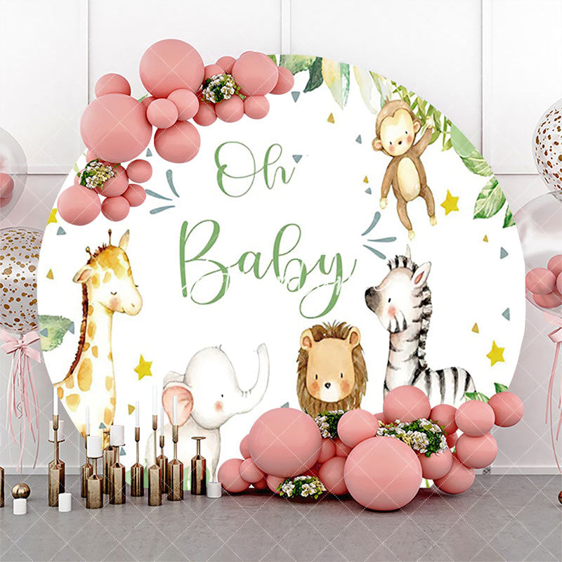 Aperturee - Round Safari Animals Green White Baby Shower Backdrop