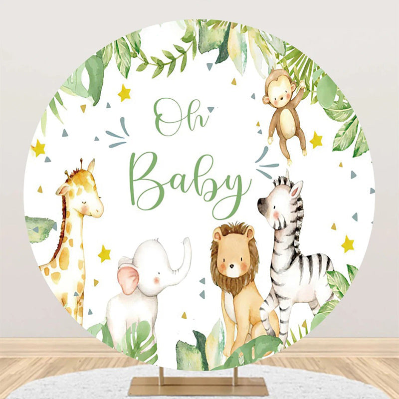 Aperturee - Round Safari Animals Green White Baby Shower Backdrop