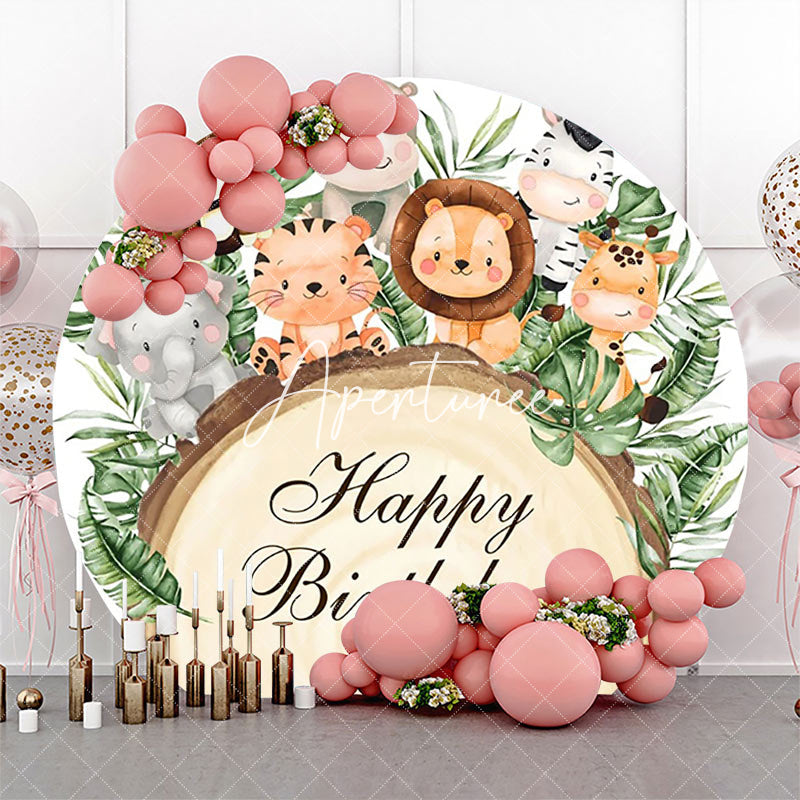 Aperturee - Round Safari Animals Wood Stump Birthday Backdrop