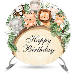 Aperturee - Round Safari Animals Wood Stump Birthday Backdrop