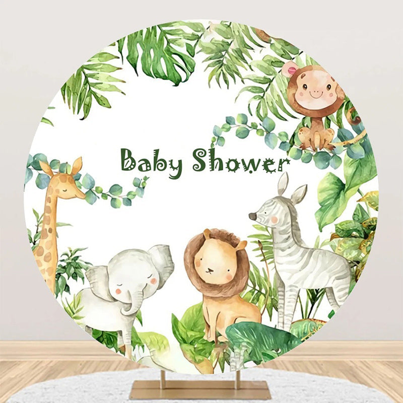 Aperturee - Round Safari Cute Animals Green Baby Shower Backdrop