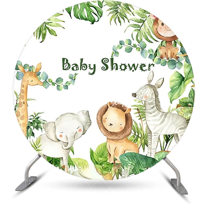 Aperturee - Round Safari Cute Animals Green Baby Shower Backdrop