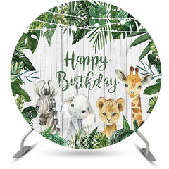 Aperturee - Round Safari Cute Animals Wooden Birthday Backdrop