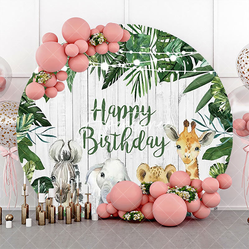 Aperturee - Round Safari Cute Animals Wooden Birthday Backdrop