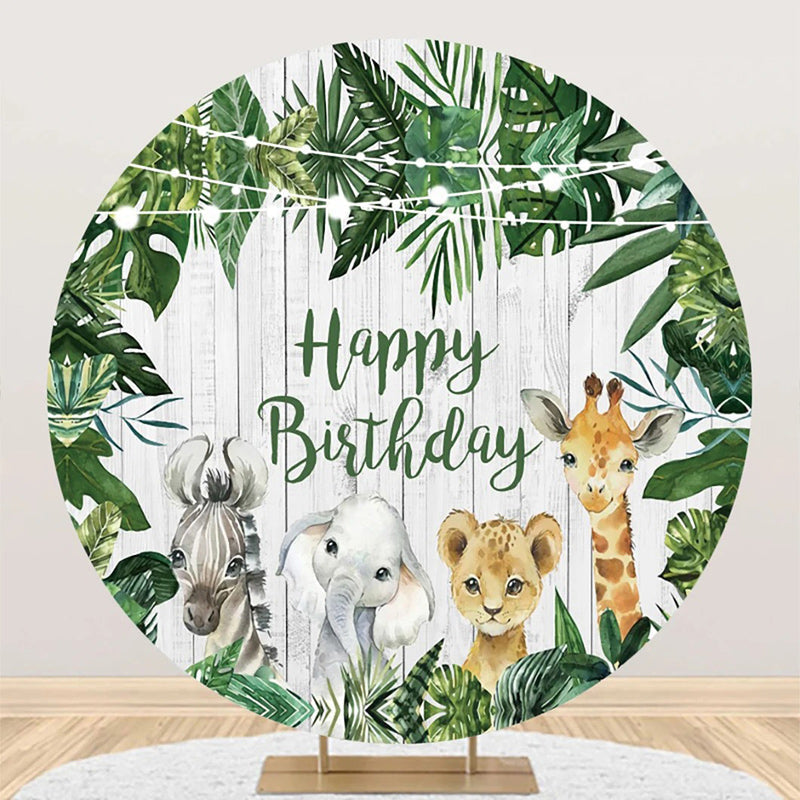 Aperturee - Round Safari Cute Animals Wooden Birthday Backdrop