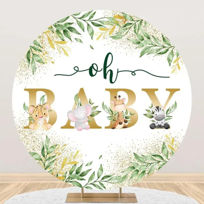 Aperturee - Round Safari Floral Gold Oh Baby Party Backdrop