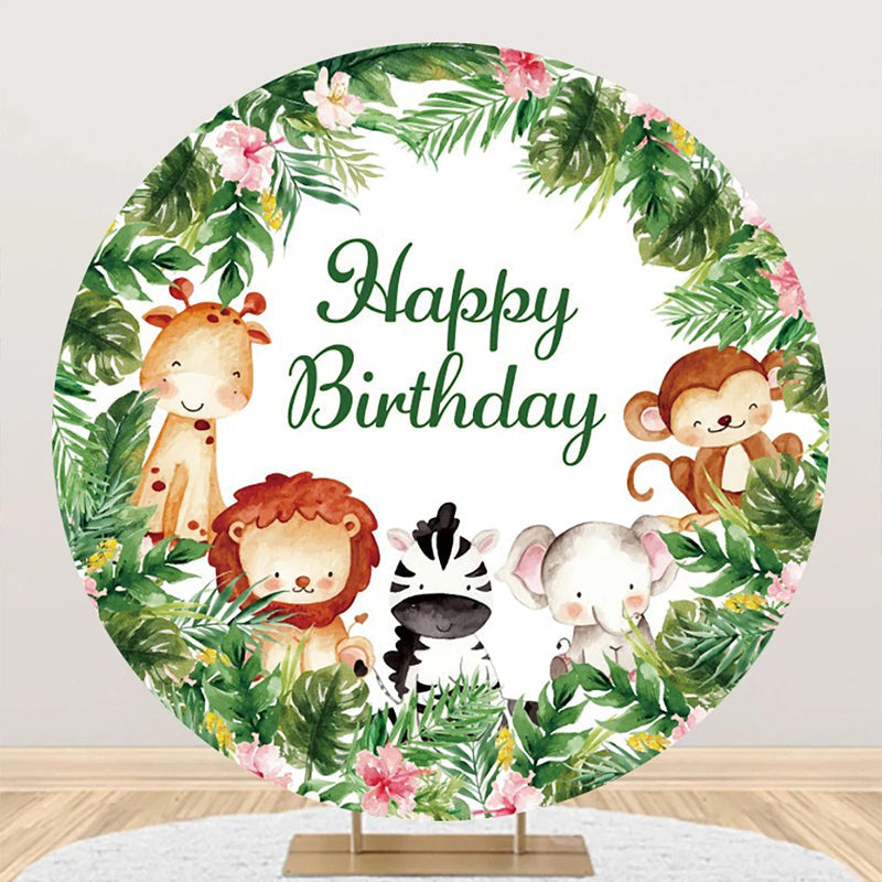 Aperturee - Round Safari Forest Animal Birthday Backdrop For Kids