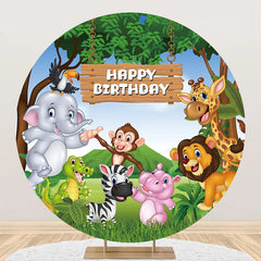 Aperturee - Round Safari Forest Cartoon Animal Birthday Backdrop