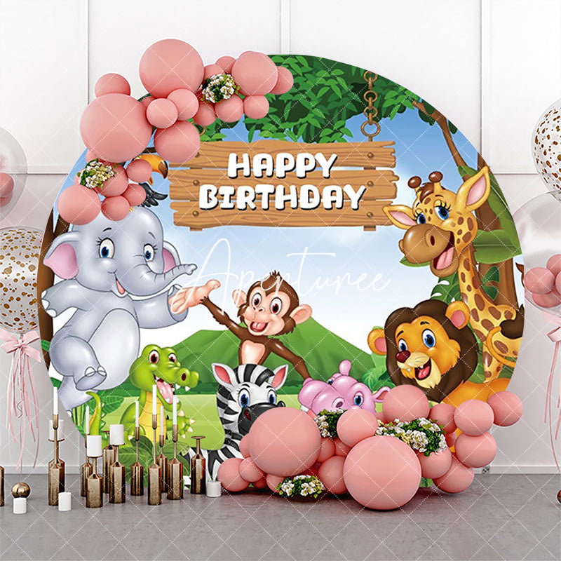 Aperturee - Round Safari Forest Cartoon Animal Birthday Backdrop