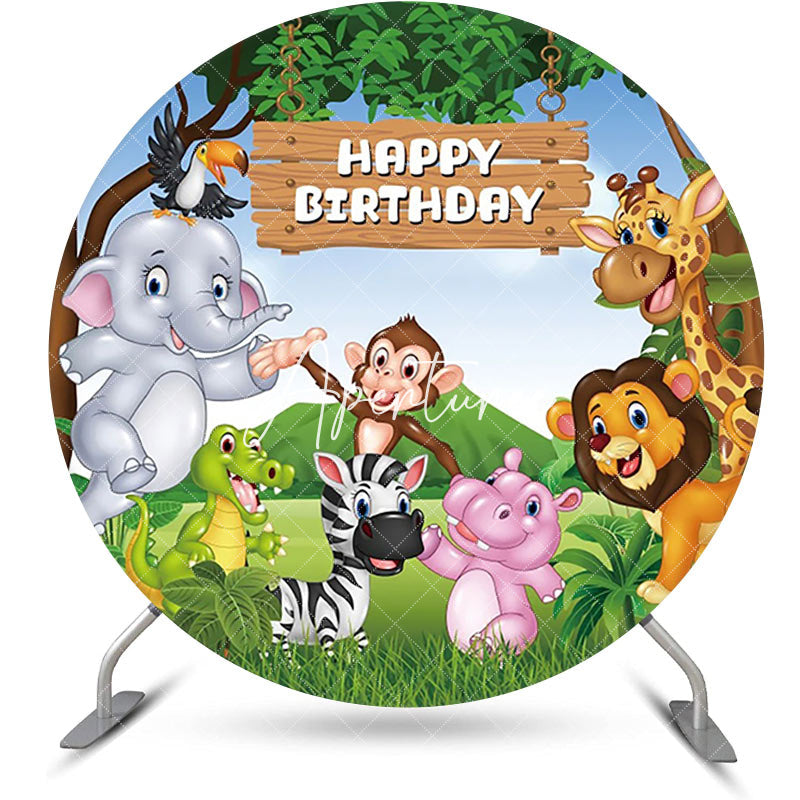 Aperturee - Round Safari Forest Cartoon Animal Birthday Backdrop