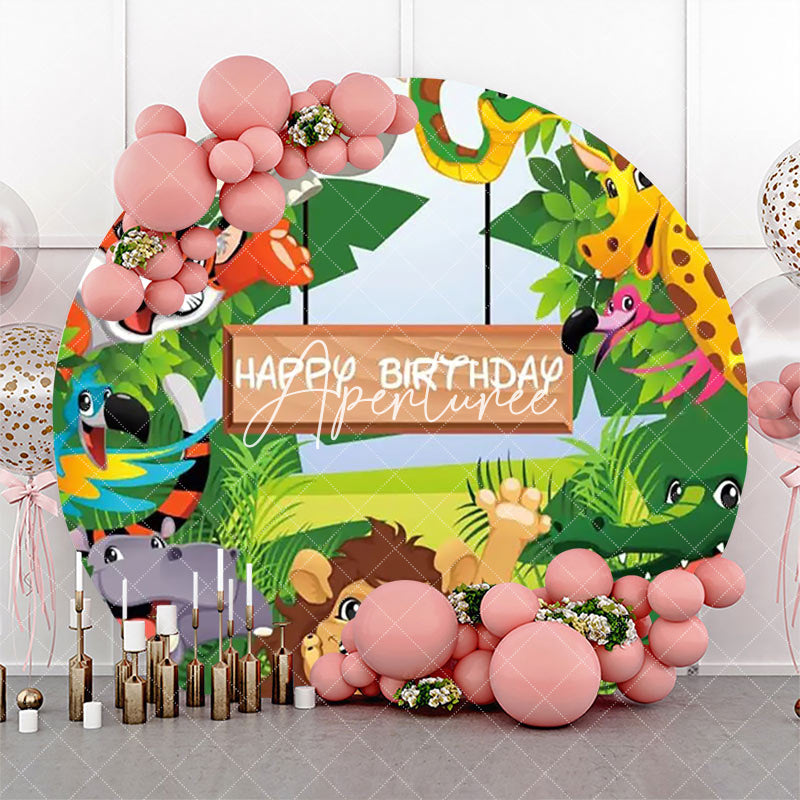 Aperturee - Round Safari Happy Lion Animals Birthday Backdrop