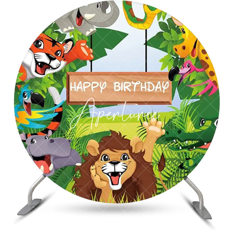 Aperturee - Round Safari Happy Lion Animals Birthday Backdrop