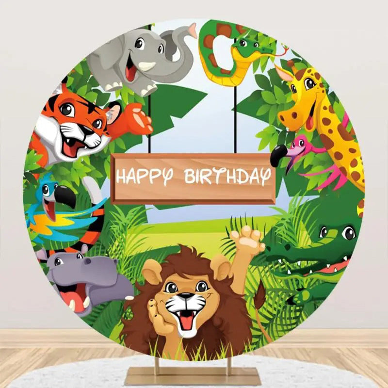 Aperturee - Round Safari Happy Lion Animals Birthday Backdrop