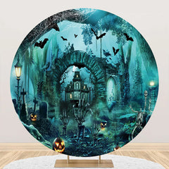 Aperturee - Round Scary Castle Skeleton Bats Halloween Backdrop