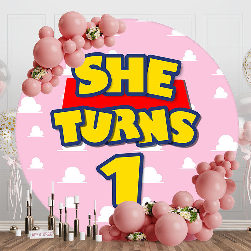 Aperturee - Round She Turns 1 Pink Cloud Happy Birthday Backdrop