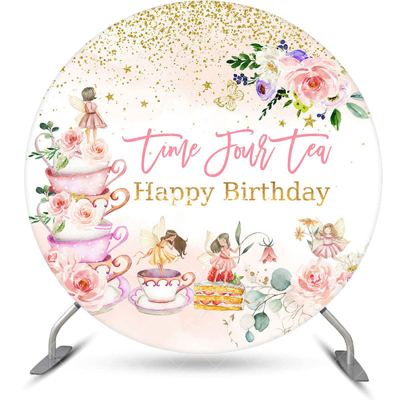 Aperturee - Round Time Four Tea Floral 4th Birthday Backdrop