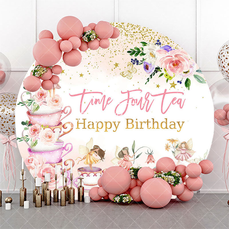 Aperturee - Round Time Four Tea Floral 4th Birthday Backdrop