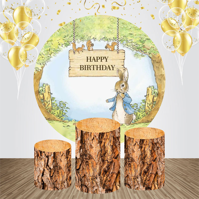 Aperturee - Round Tree Cute Bunny Squirrel Birthday Backdrop Kit