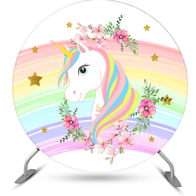 Aperturee - Round Unicorn Rainbow Happy Birthday Backdrop For Girl