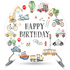 Aperturee - Round Various Transportation White Birthday Backdrop