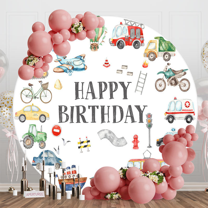 Aperturee - Round Various Transportation White Birthday Backdrop