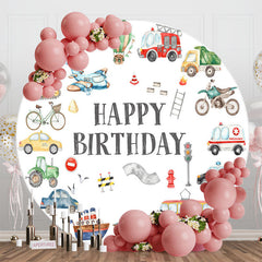 Aperturee - Round Various Transportation White Birthday Backdrop