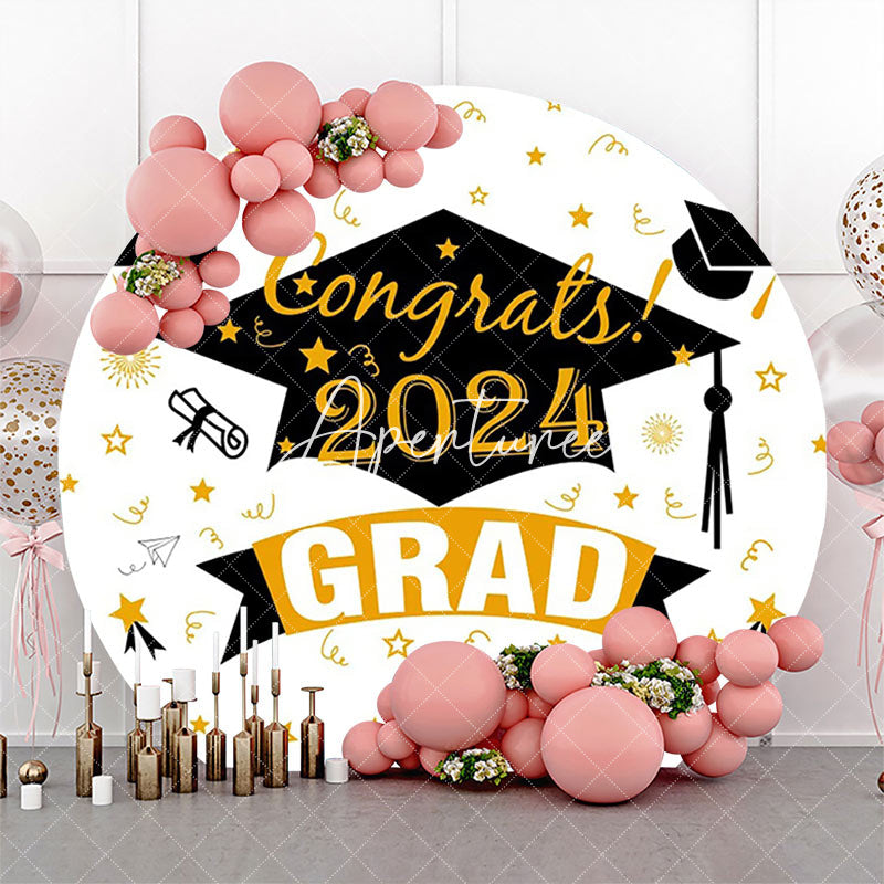 Aperturee - Round White Bachelor Cap Congrats 2024 Grad Backdrop