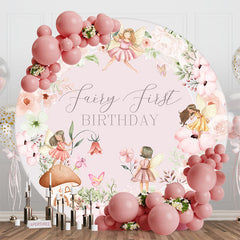 Aperturee - Round White Pink Floral Fairy First Birthday Backdrop