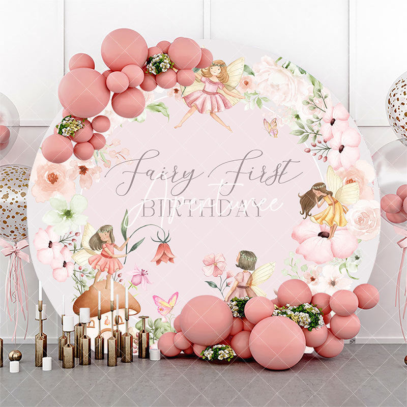 Aperturee - Round White Pink Floral Fairy First Birthday Backdrop