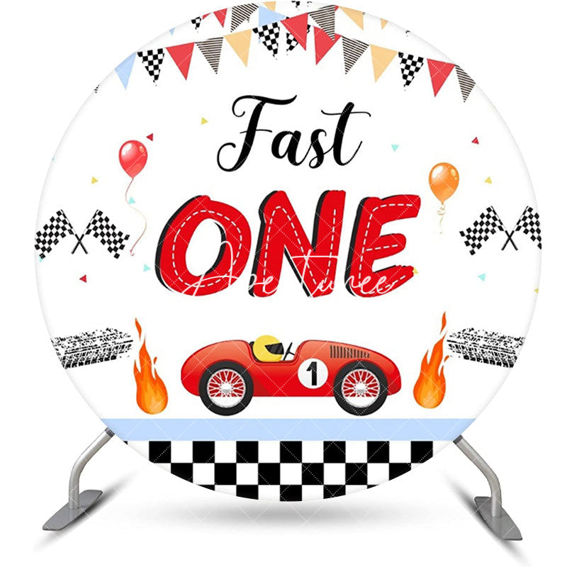 Aperturee - Round White Racing Car Fast One Birthday Backdrop