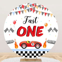 Aperturee - Round White Racing Car Fast One Birthday Backdrop