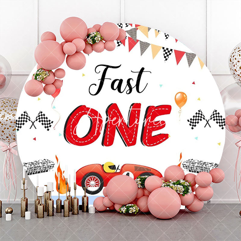 Aperturee - Round White Racing Car Fast One Birthday Backdrop