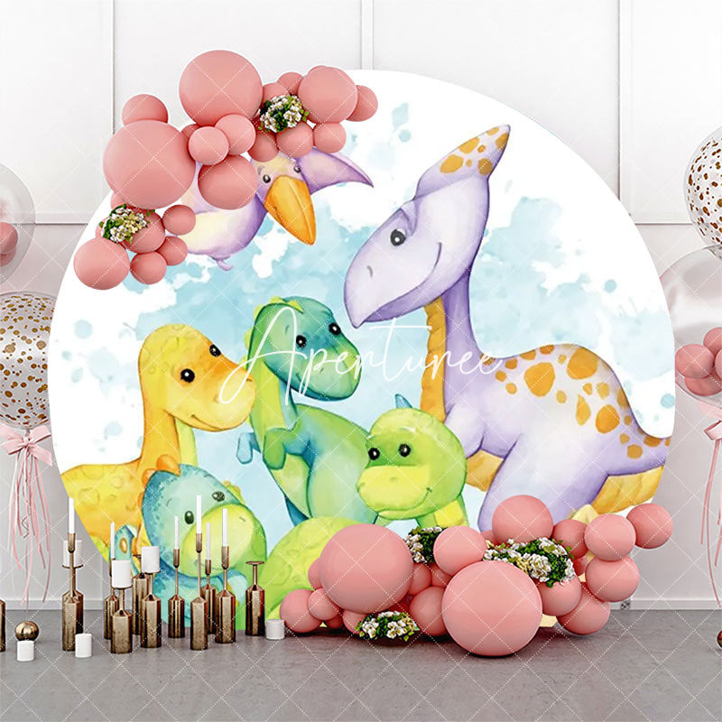 Aperturee - Round White Various Dinosaurs Backdrop For Party