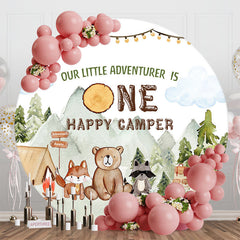 Aperturee - Round Wild Forest One Happy Camper Birthday Backdrop