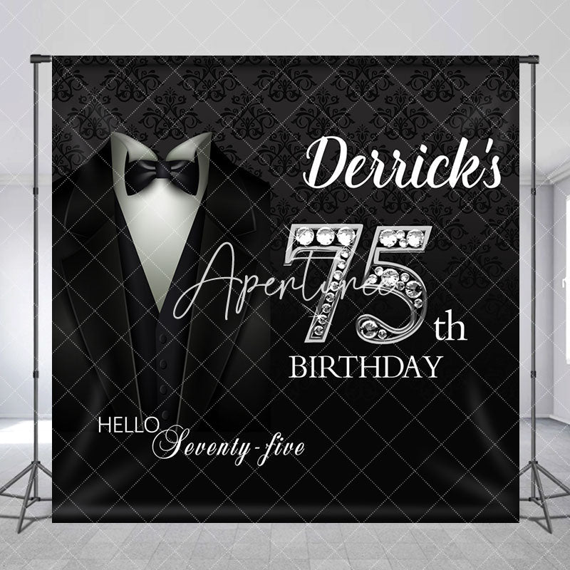 Aperturee - Royal Black Suit Custom Name 75th Birthday Backdrop