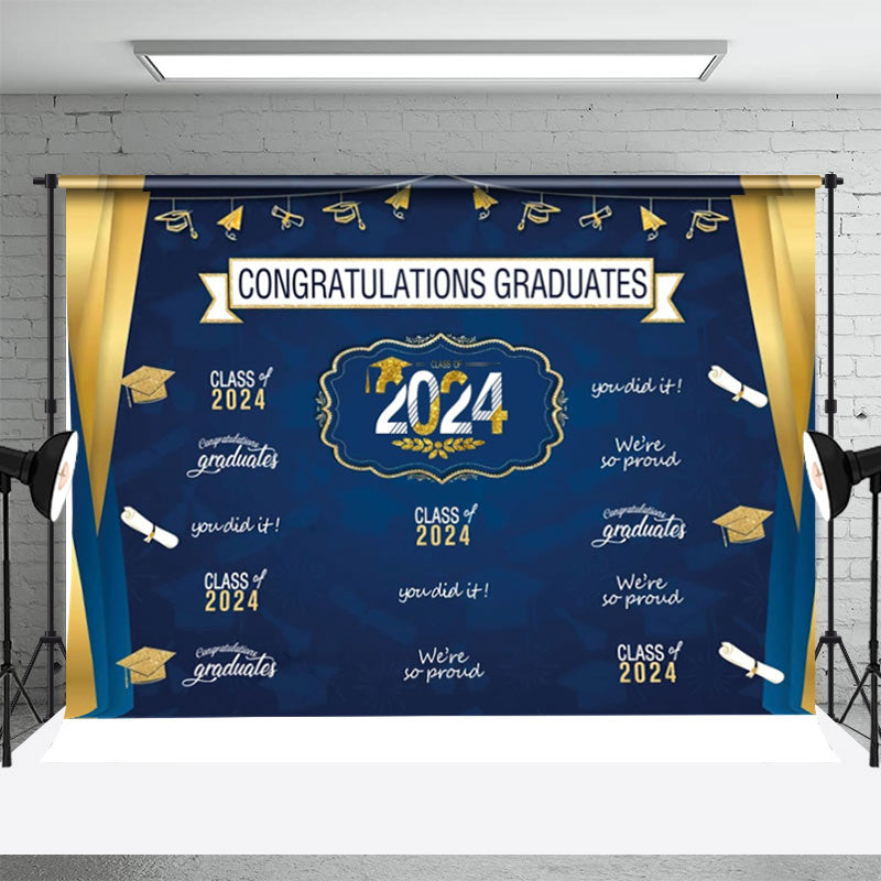 Aperturee - Royal Blue And Gloden Hat 2024 Graduation Backdrop