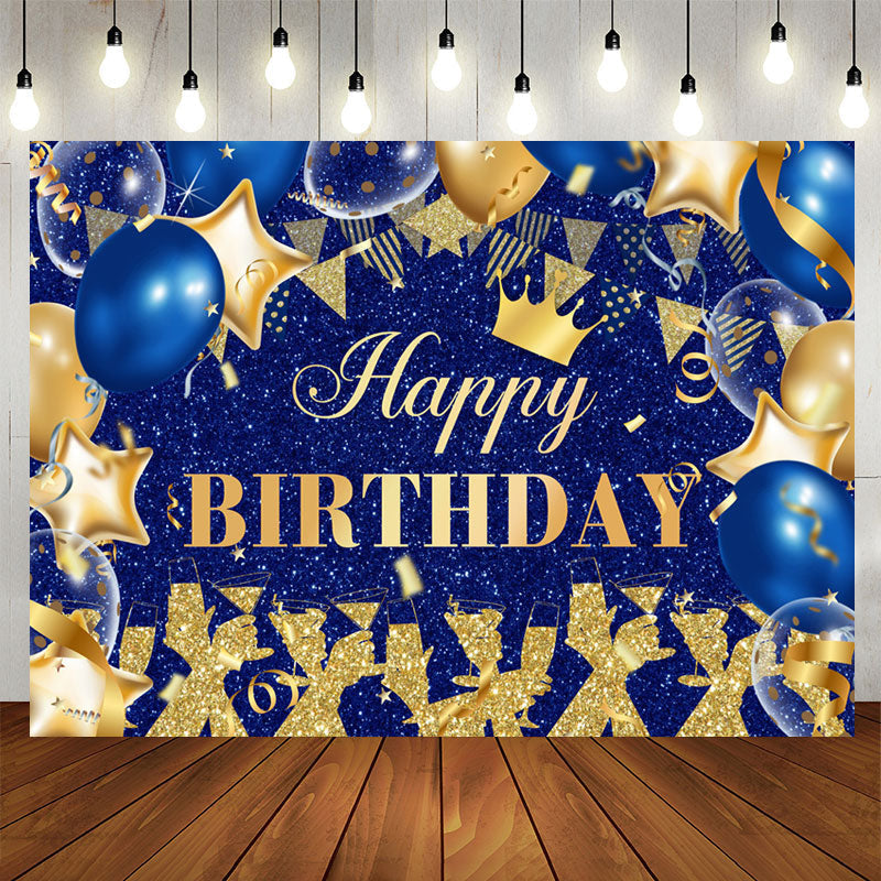 Aperturee - Royal Blue And Gold Glitter Balloons Birthday Backdrop