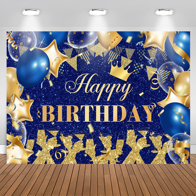 Aperturee - Royal Blue And Gold Glitter Balloons Birthday Backdrop