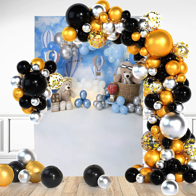 Aperturee - Royal Blue Balloon Teddy Bear Birthday Backdrop