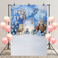 Aperturee - Royal Blue Balloon Teddy Bear Birthday Backdrop