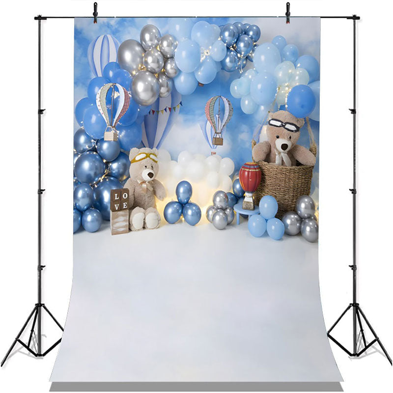 Aperturee - Royal Blue Balloon Teddy Bear Birthday Backdrop