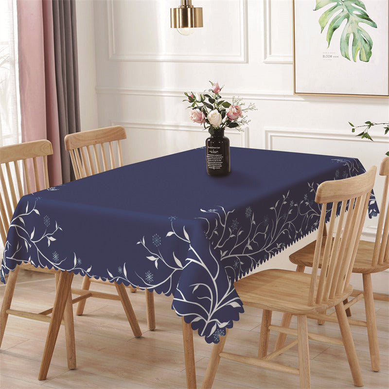 Aperturee - Royal Blue White Lines Floral Rectangle Tablecloth